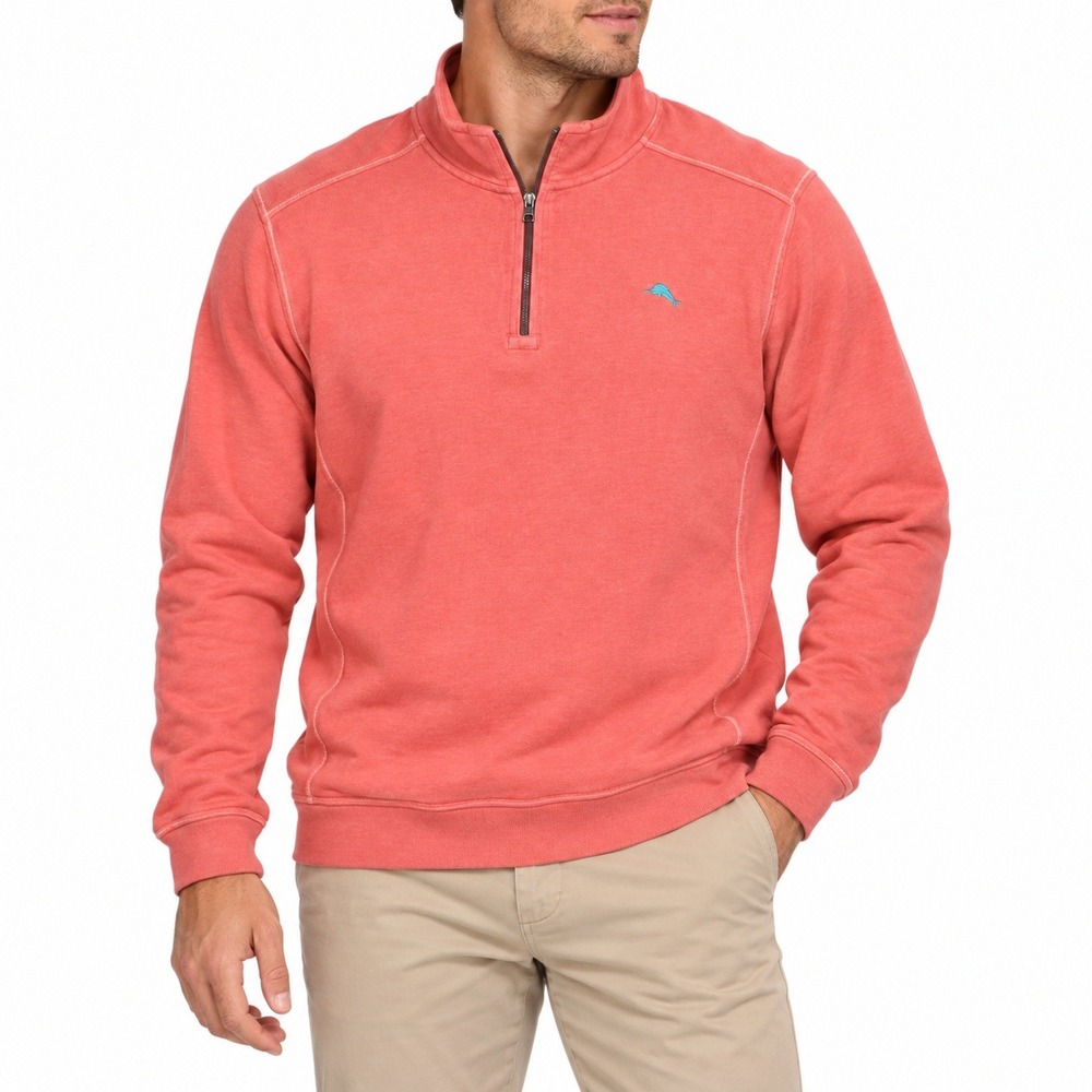 Tommy Bahama Pullover Men XXL Coral Relax Quarter Zip Cotton Marlin Logo Sweater